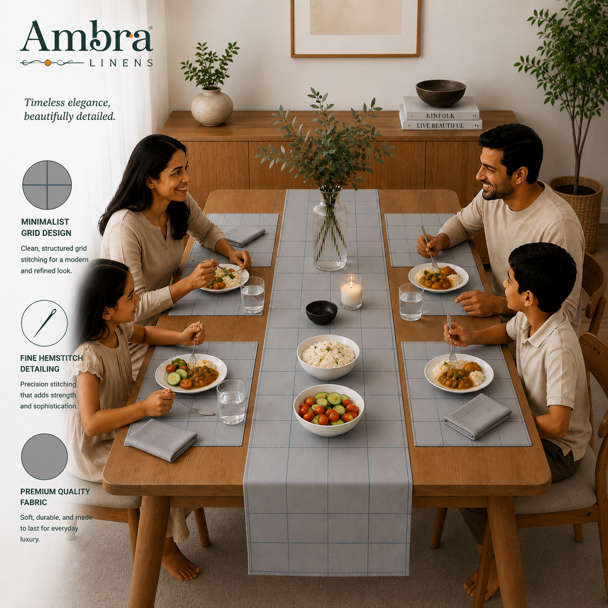 7 Pc - 1 Minimalist Grid Design Table Linen Set, 6 Placement, 6 Diner Napkins