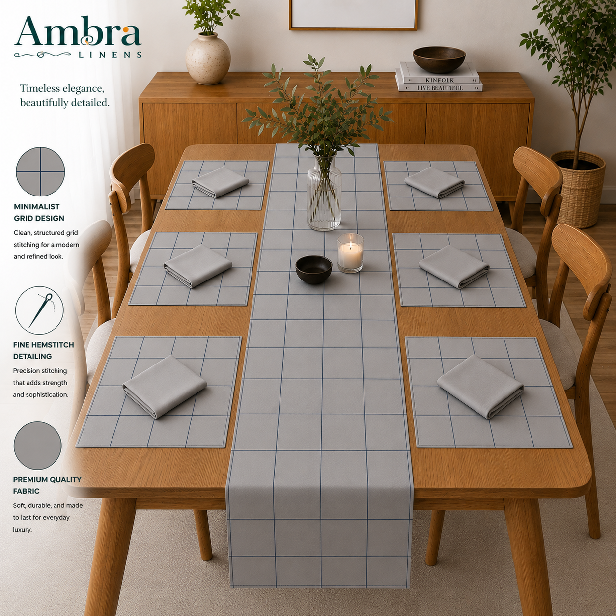 7 Pc - 1 Minimalist Grid Design Table Linen Set, 6 Placement, 6 Diner Napkins