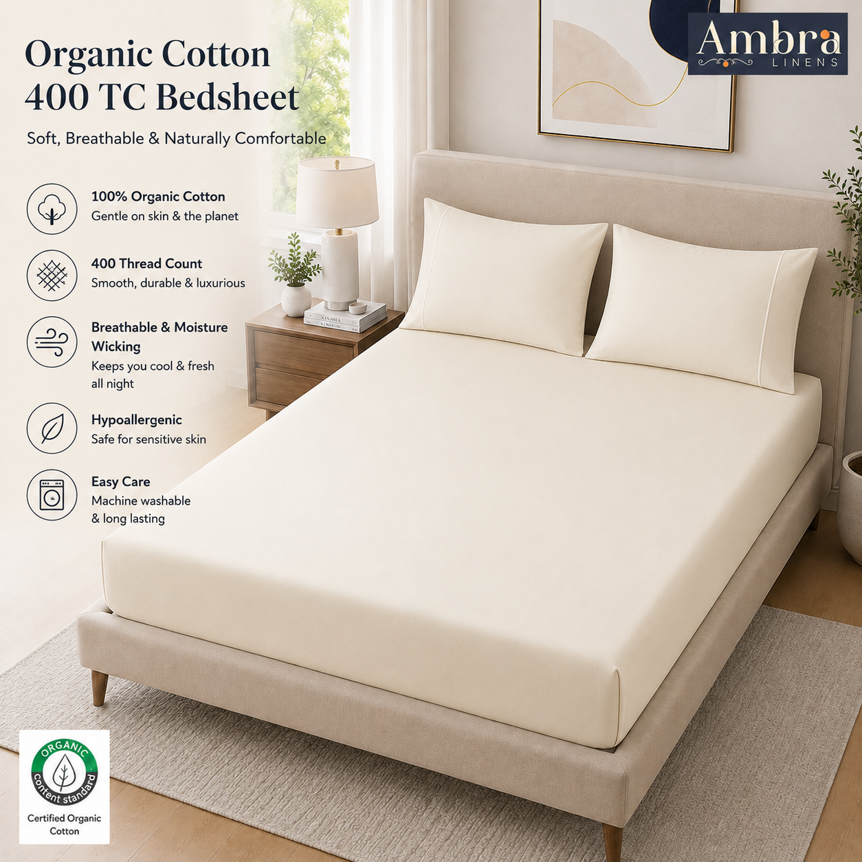 400 Thread Count 100% Organic Cotton Merrow Design Classic Ivory – Classic Ivory Premium Bedsheet King Size