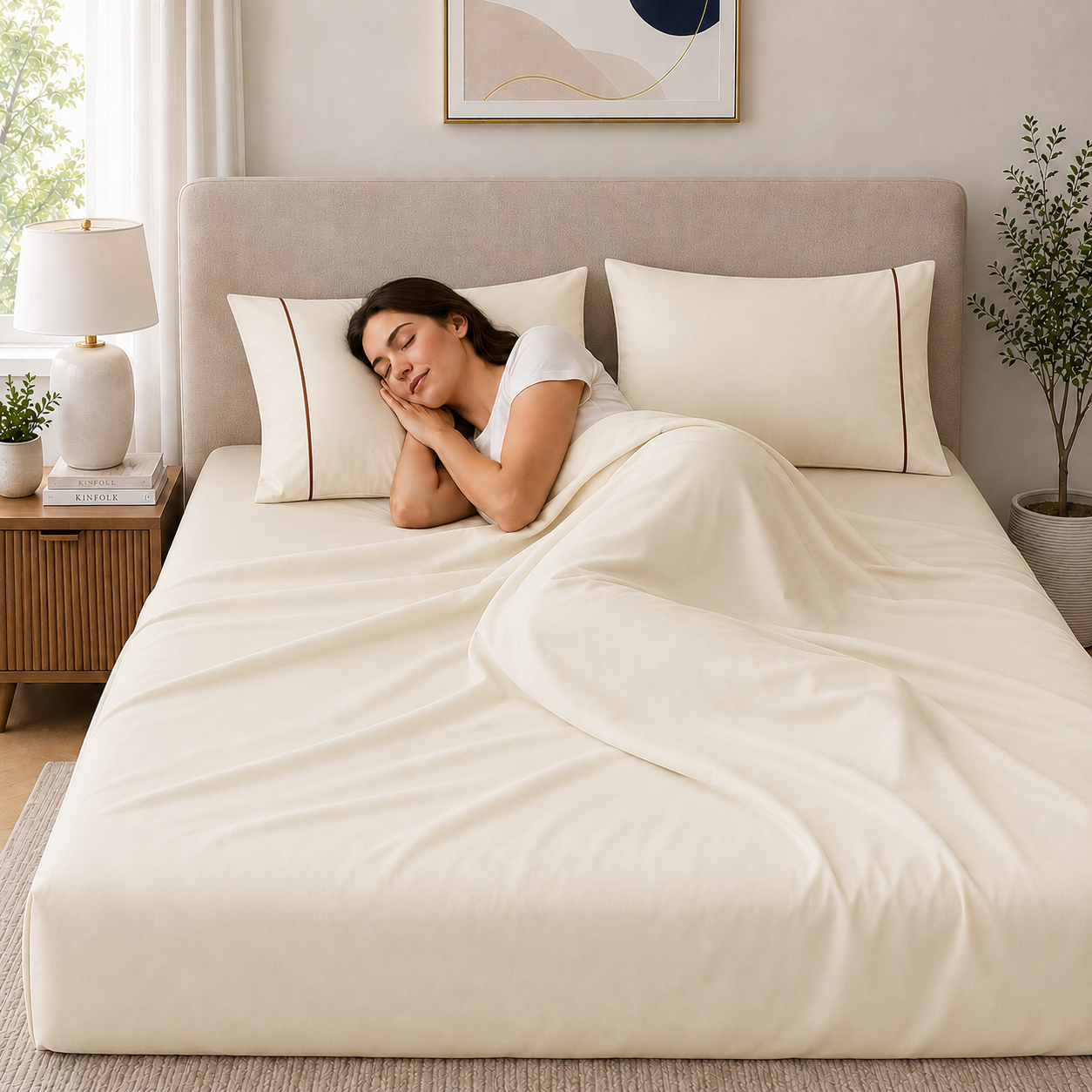 400 Thread Count 100% Organic Cotton Merrow Design Classic Ivory – Marron Premium Bedsheet King Size