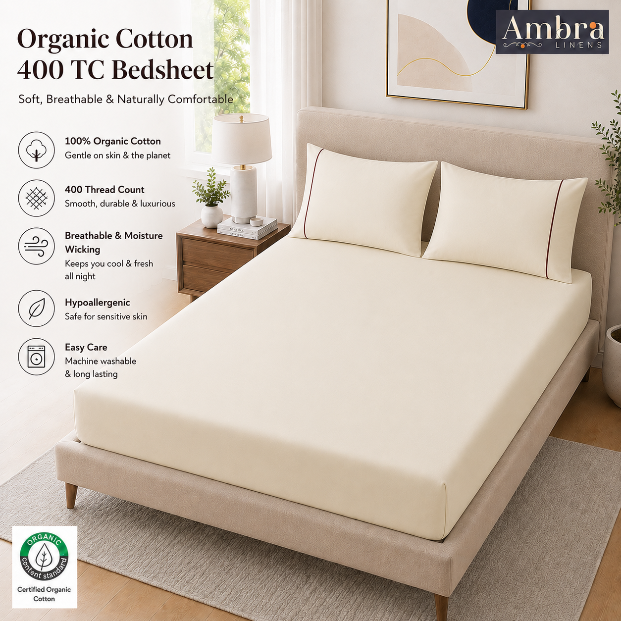 400 Thread Count 100% Organic Cotton Merrow Design Classic Ivory – Marron Premium Bedsheet King Size