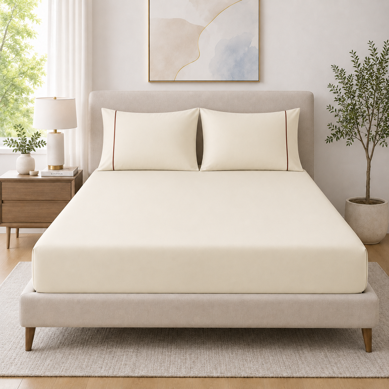 400 Thread Count 100% Organic Cotton Merrow Design Classic Ivory – Marron Premium Bedsheet King Size