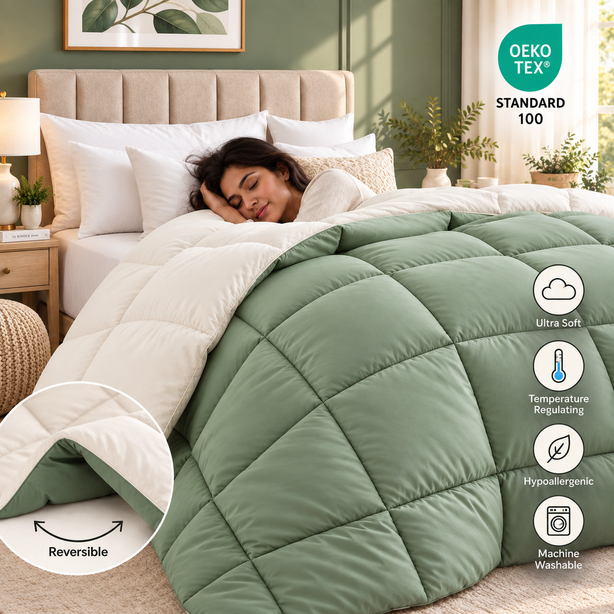 300 GSM Reversible Microfiber Sage And Cream Comforter – Double Bed | Soft, Fluffy & All-Season