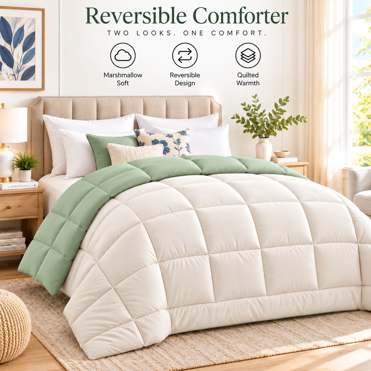 300 GSM Reversible Microfiber Sage And Cream Comforter – Double Bed | Soft, Fluffy & All-Season