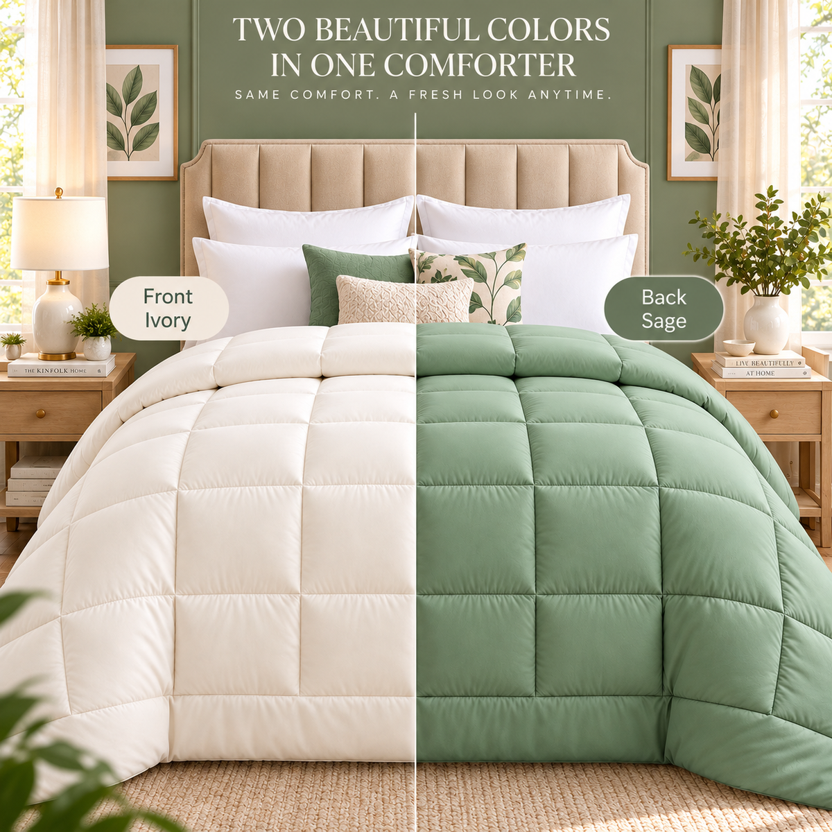 300 GSM Reversible Microfiber Sage And Cream Comforter – Double Bed | Soft, Fluffy & All-Season