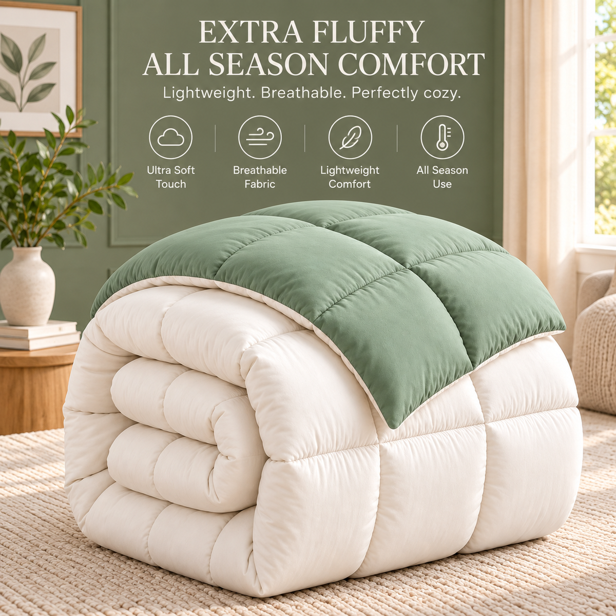 300 GSM Reversible Microfiber Sage And Cream Comforter – Double Bed | Soft, Fluffy & All-Season