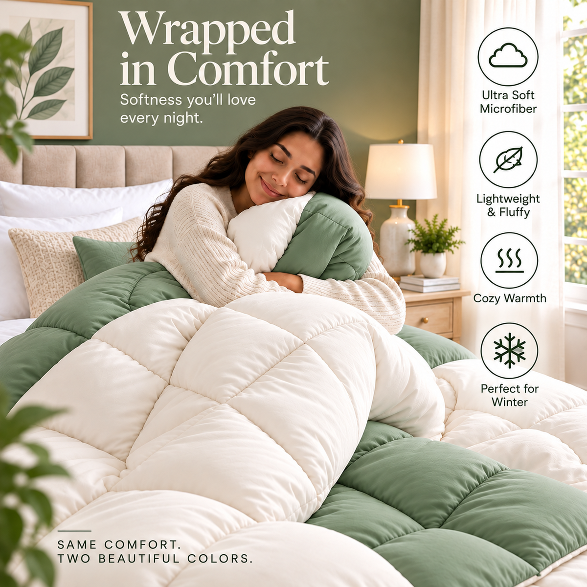 300 GSM Reversible Microfiber Sage And Cream Comforter – Double Bed | Soft, Fluffy & All-Season