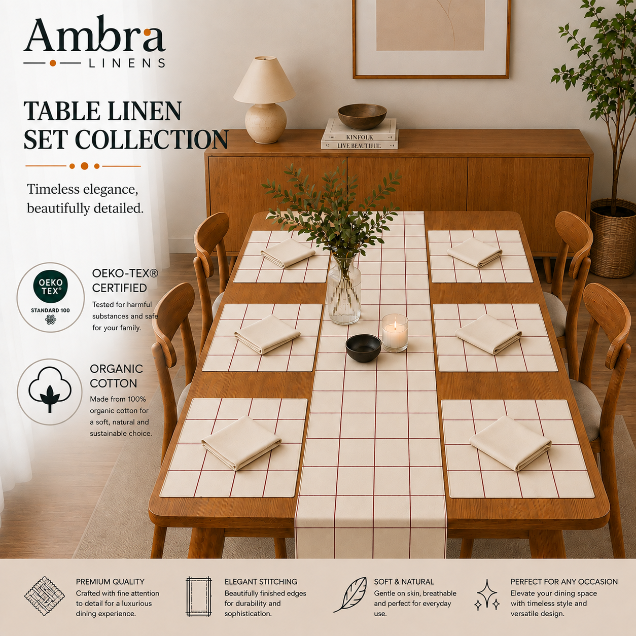 7 Pc - 1 Minimalist Grid Design Table Linen Set, 6 Placement, 6 Diner Napkins
