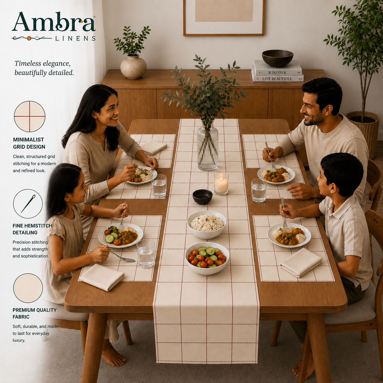 7 Pc - 1 Minimalist Grid Design Table Linen Set, 6 Placement, 6 Diner Napkins