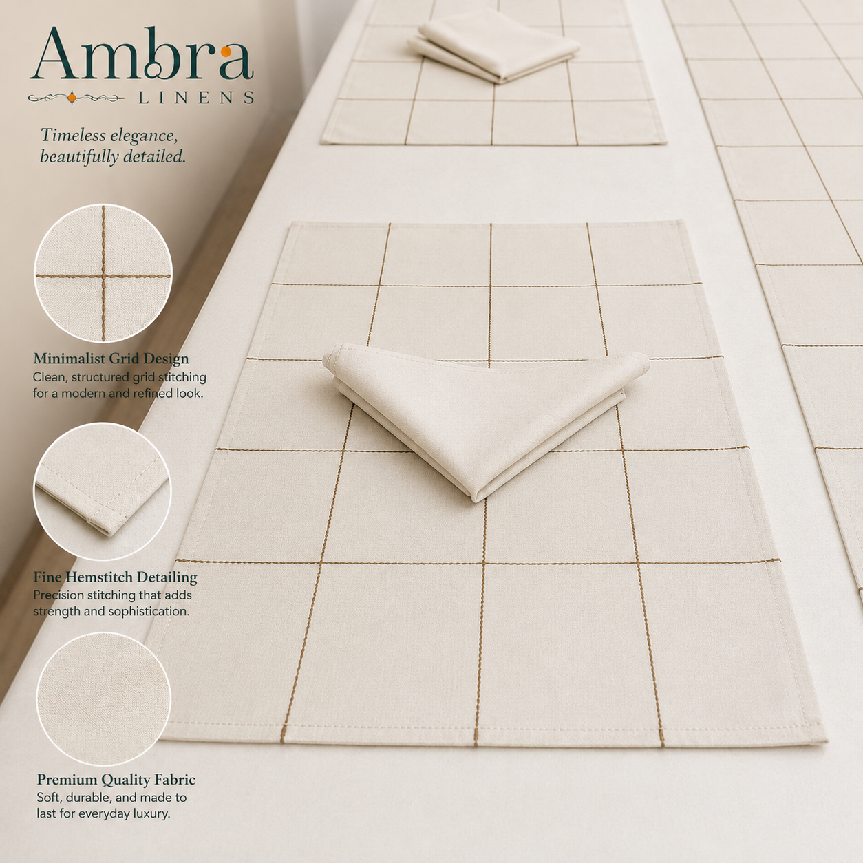 Ivory & Maroon 7-Piece Table Linen Set | Minimalist Grid Design | 6 Placemats & 6 Dinner Napkins (Copy)