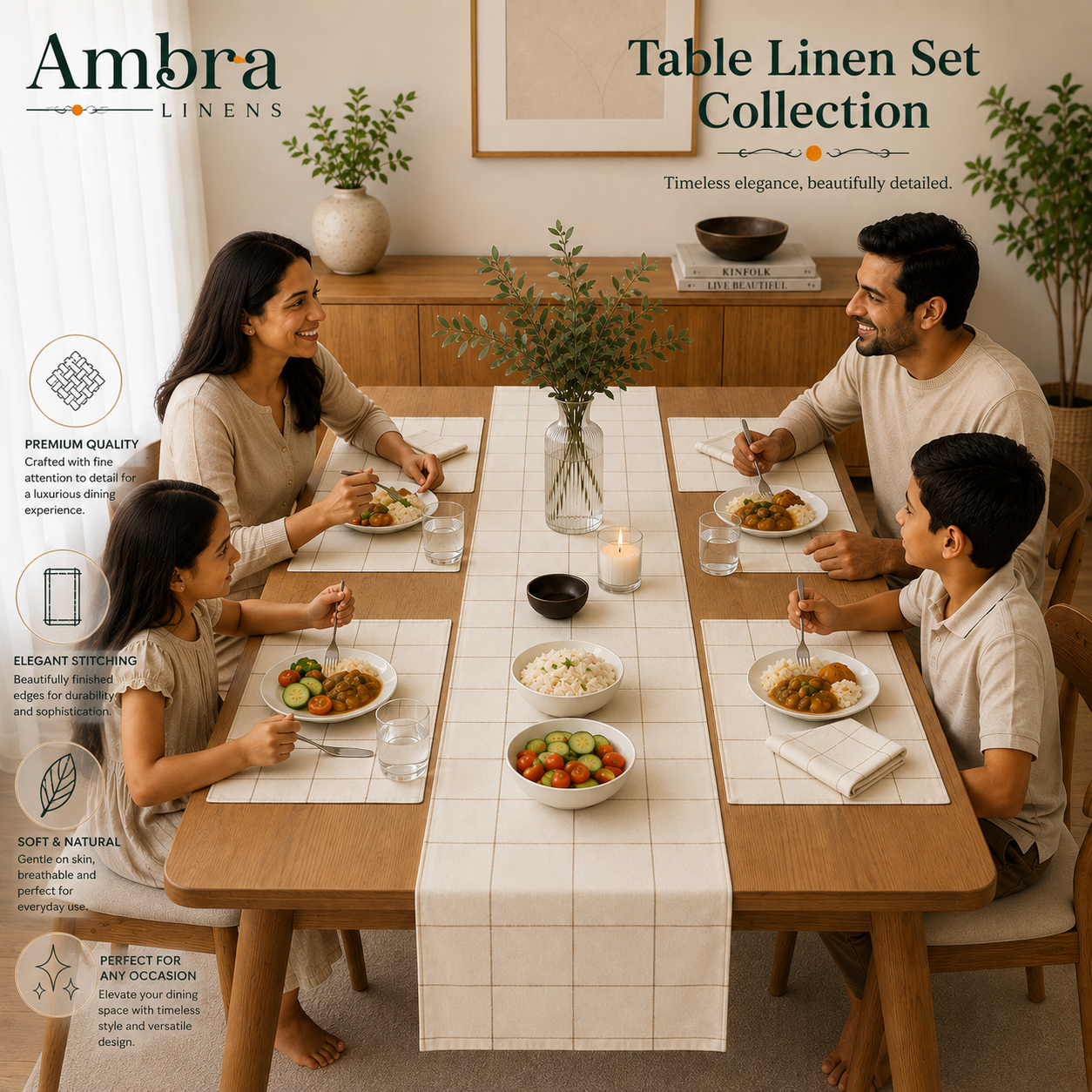 Ivory & Maroon 7-Piece Table Linen Set | Minimalist Grid Design | 6 Placemats & 6 Dinner Napkins (Copy)