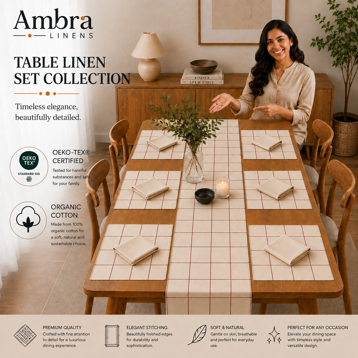 7 Pc - 1 Minimalist Grid Design Table Linen Set, 6 Placement, 6 Diner Napkins