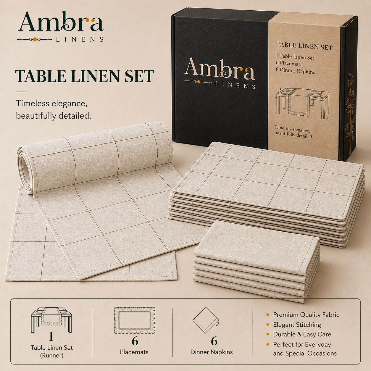 7 Pc - 1 Minimalist Grid Design Table Linen Set, 6 Placement, 6 Diner Napkins
