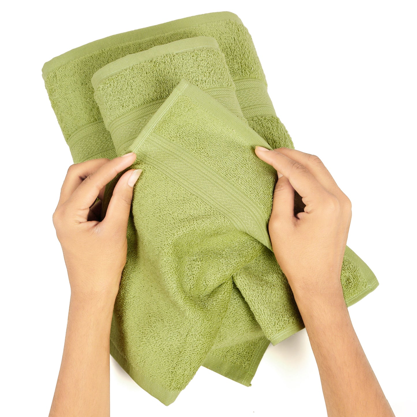 Premium 6 Piece Summer Green Colour Cotton Towel Set (Bath, Hand & Face)