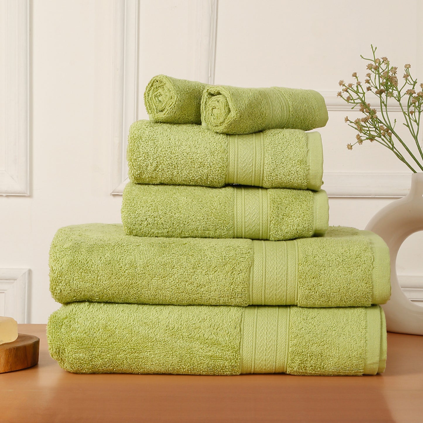 Premium 6 Piece Summer Green Colour Cotton Towel Set (Bath, Hand & Face)
