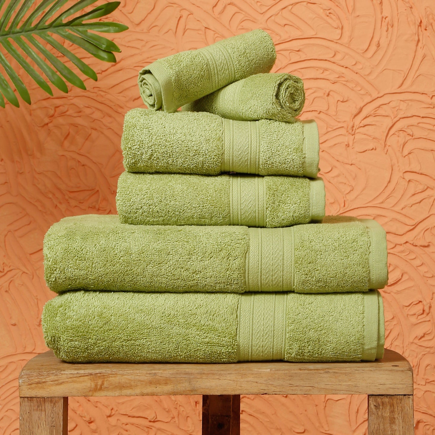 Premium 6 Piece Summer Green Colour Cotton Towel Set (Bath, Hand & Face)