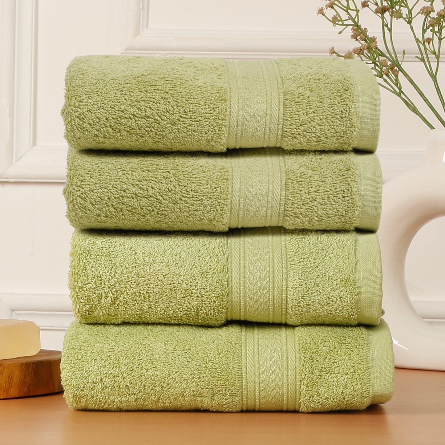 Premium 500 GSM 100% Cotton Summer Green Colour Hand Towels (Pack of 4)