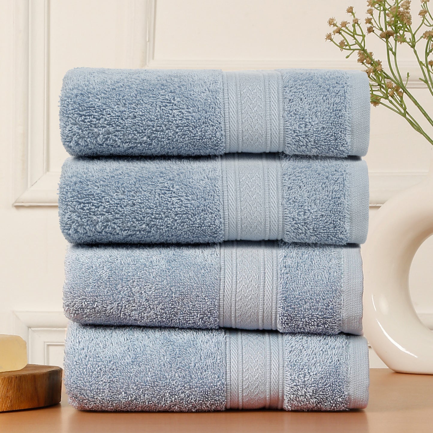 Premium 500 GSM 100% Cotton Sky Blue Colour Hand Towels (Pack of 4)
