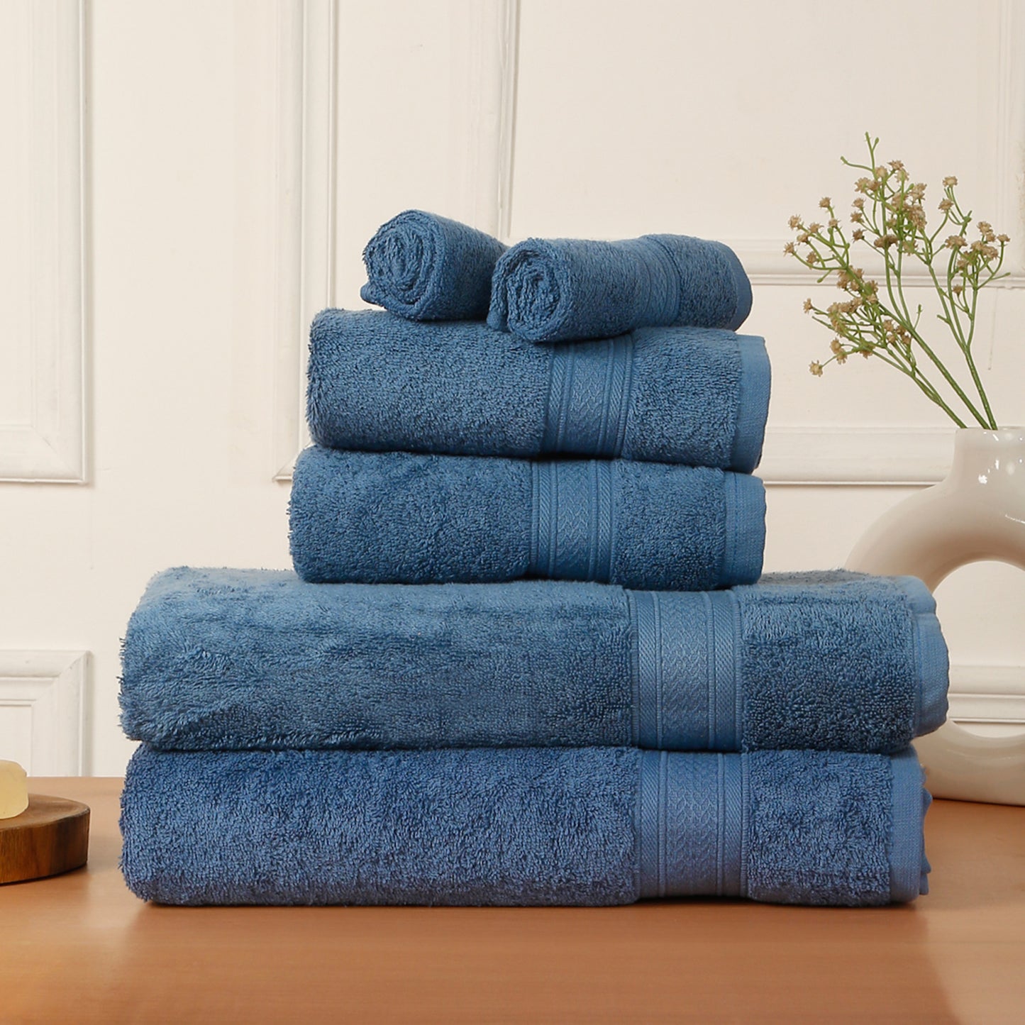 Premium 6 Piece Dark Blue Colour Cotton Towel Set (Bath, Hand & Face)