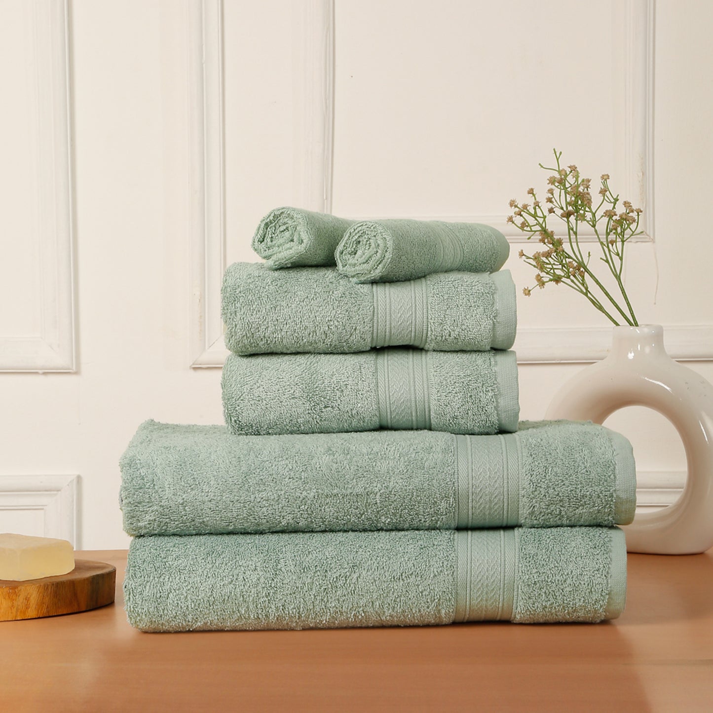 Premium 6 Piece Aqua Green Colour Cotton Towel Set (Bath, Hand & Face)
