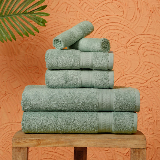 Premium 6 Piece Aqua Green Colour Cotton Towel Set (Bath, Hand & Face)