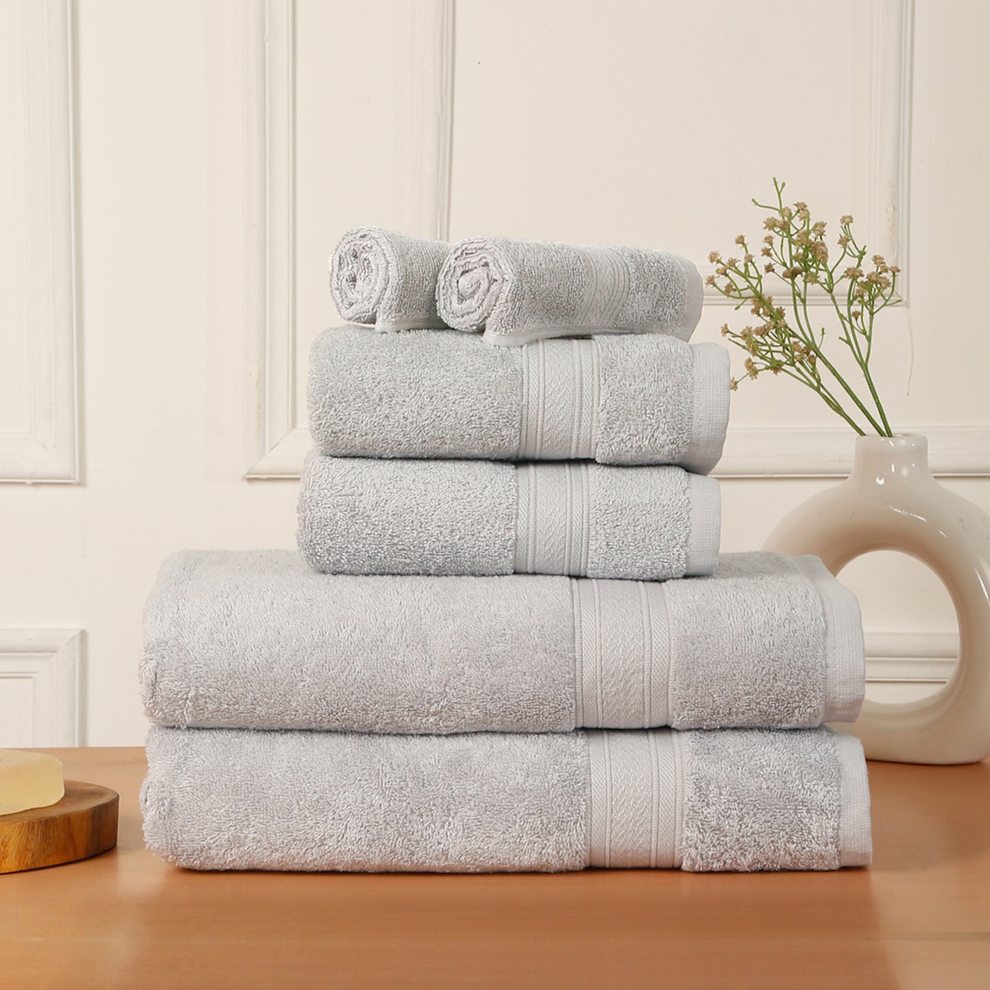 Premium 6 Piece Light Grey Colour Cotton Towel Set (Bath, Hand & Face)