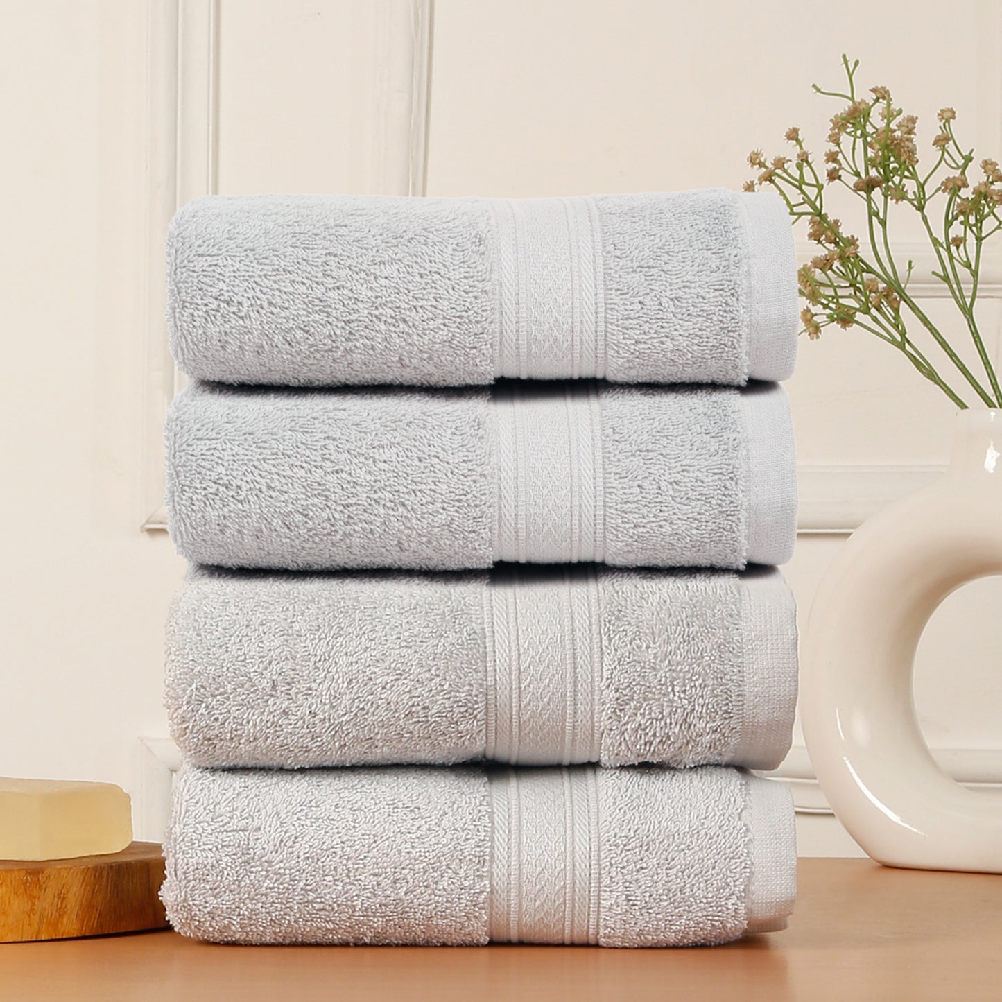 Premium 500 GSM 100% Cotton Light Grey Colour Hand Towels (Pack of 4)