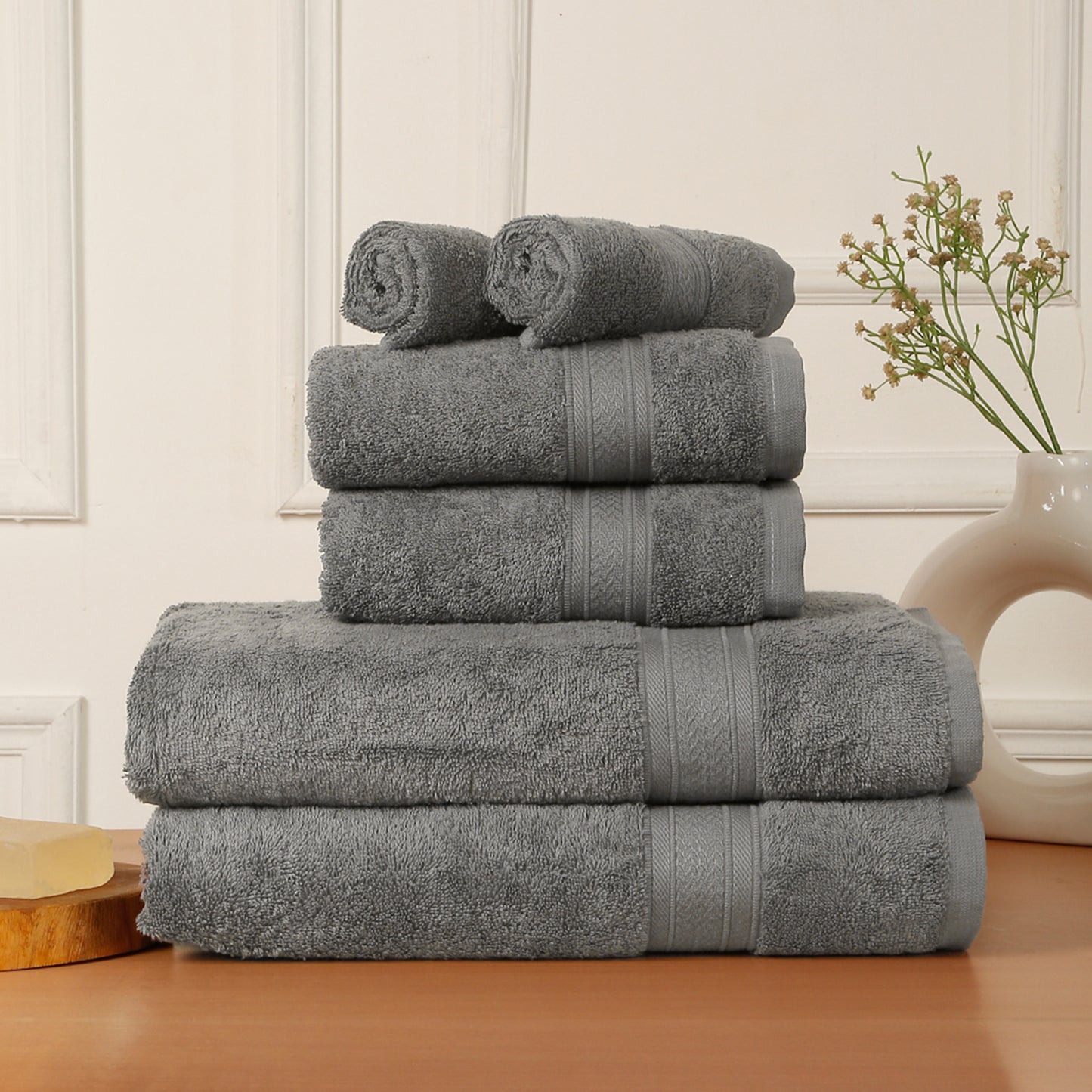 Premium 6 Piece Dark Grey Colour Cotton Towel Set (Bath, Hand & Face)