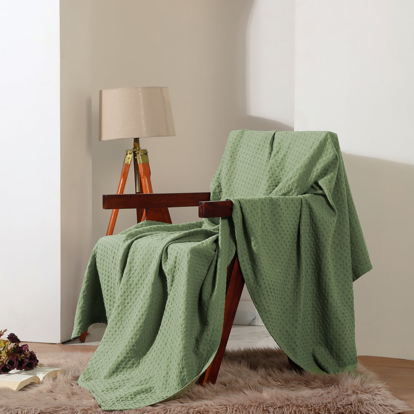 Waffle Knit Cotton Throw Blanket – Sage Green (60 x 80 Inches)