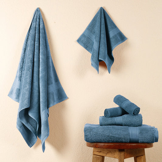 Premium 6 Piece Dark Blue Colour Cotton Towel Set (Bath, Hand & Face)