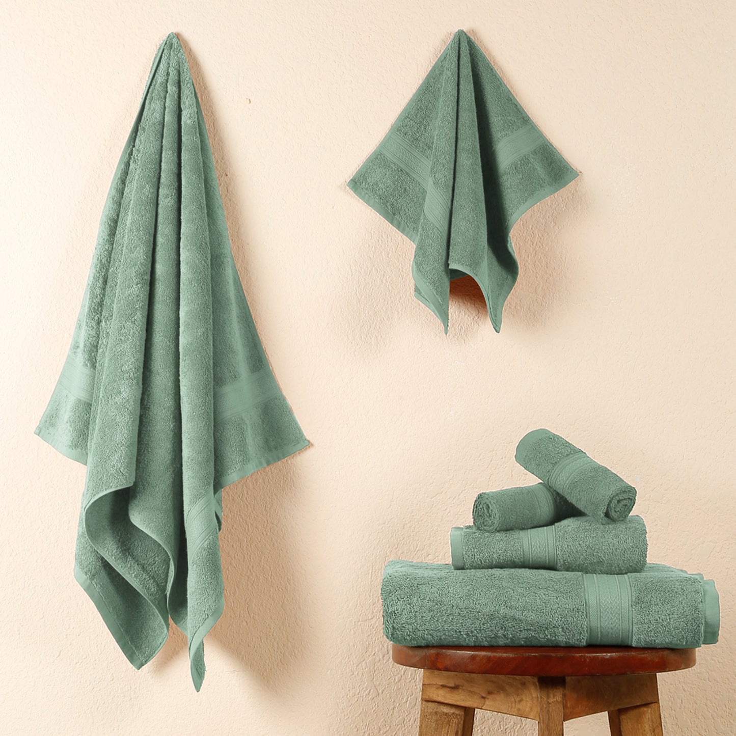 Premium 6 Piece Aqua Green Colour Cotton Towel Set (Bath, Hand & Face)
