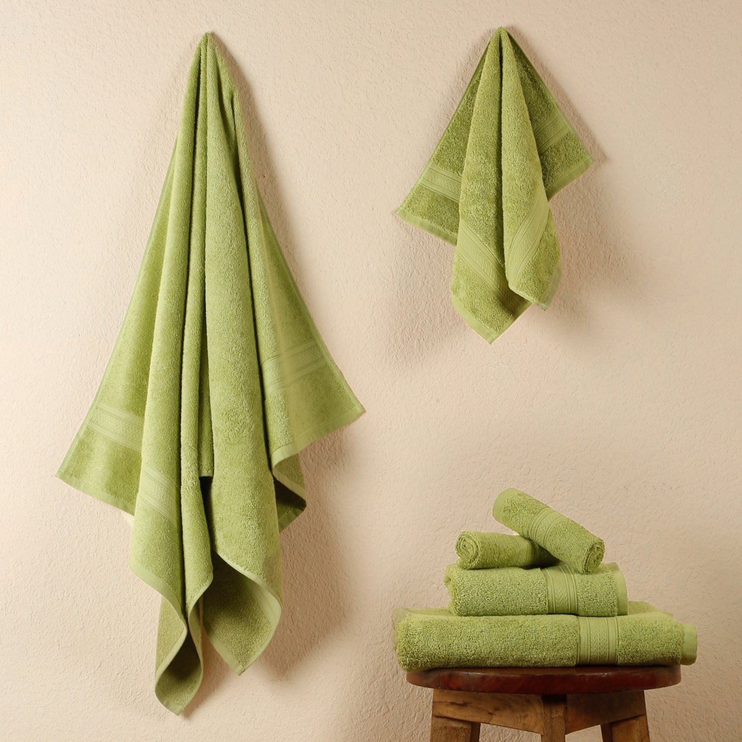Premium 6 Piece Summer Green Colour Cotton Towel Set (Bath, Hand & Face)