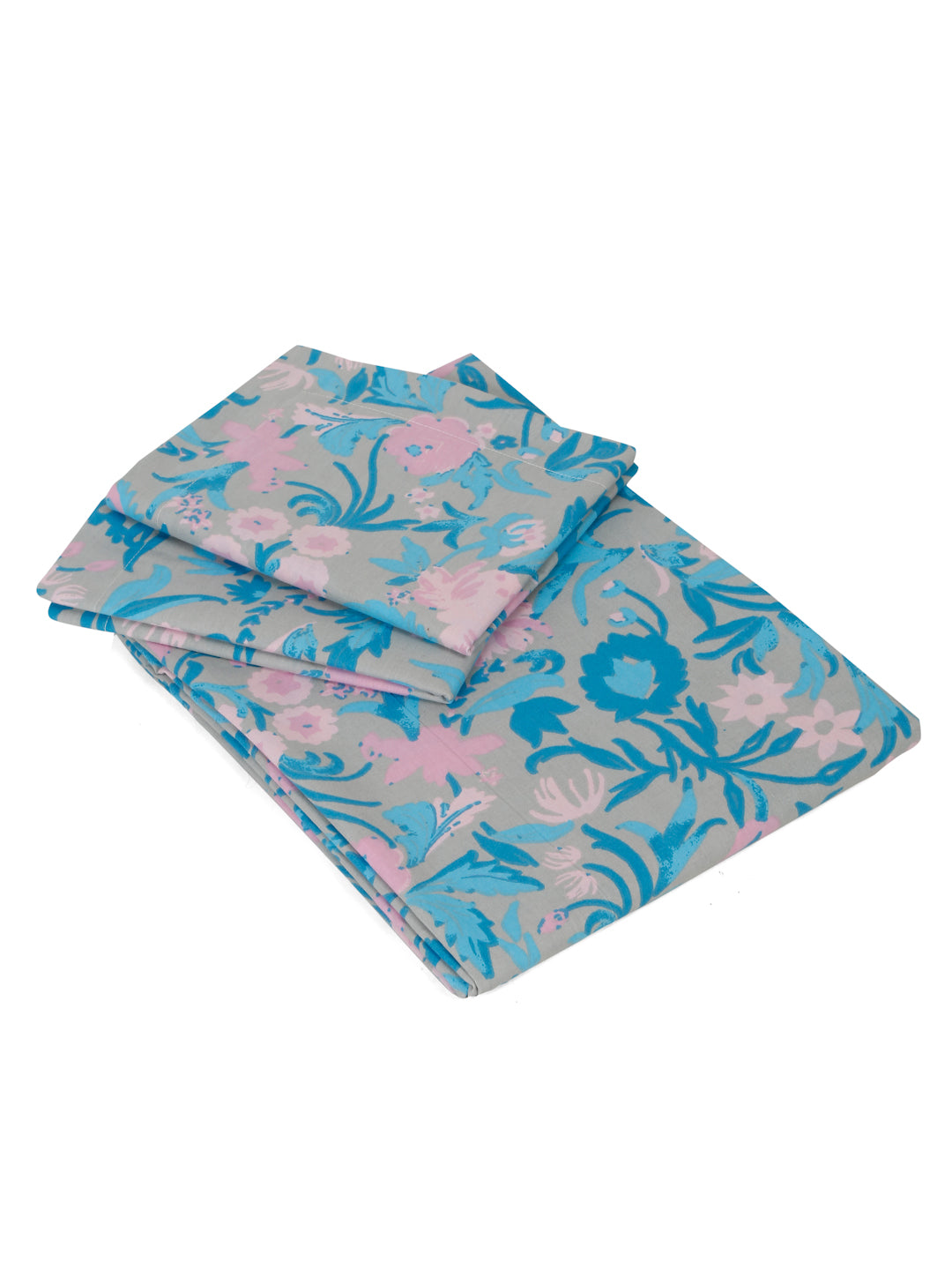 Blue Cotton Bedsheet with Pink Floral Design