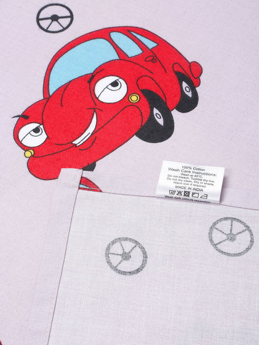 Car Print Kids Bedsheet Set – 100% Cotton, Single Bed, Yellow & Pink