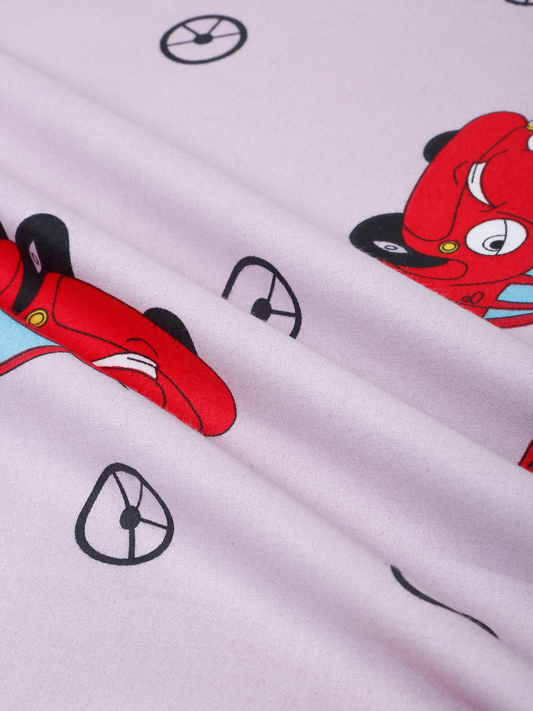 Car Print Kids Bedsheet Set – 100% Cotton, Single Bed, Yellow & Pink