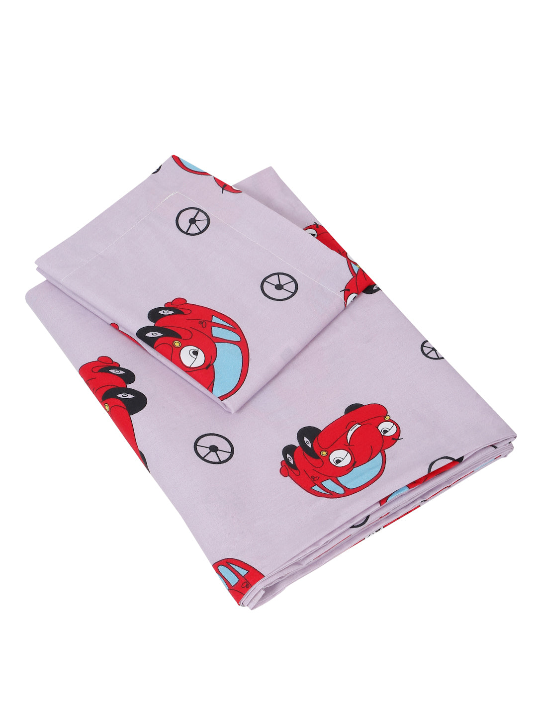 Car Print Kids Bedsheet Set – 100% Cotton, Single Bed, Yellow & Pink