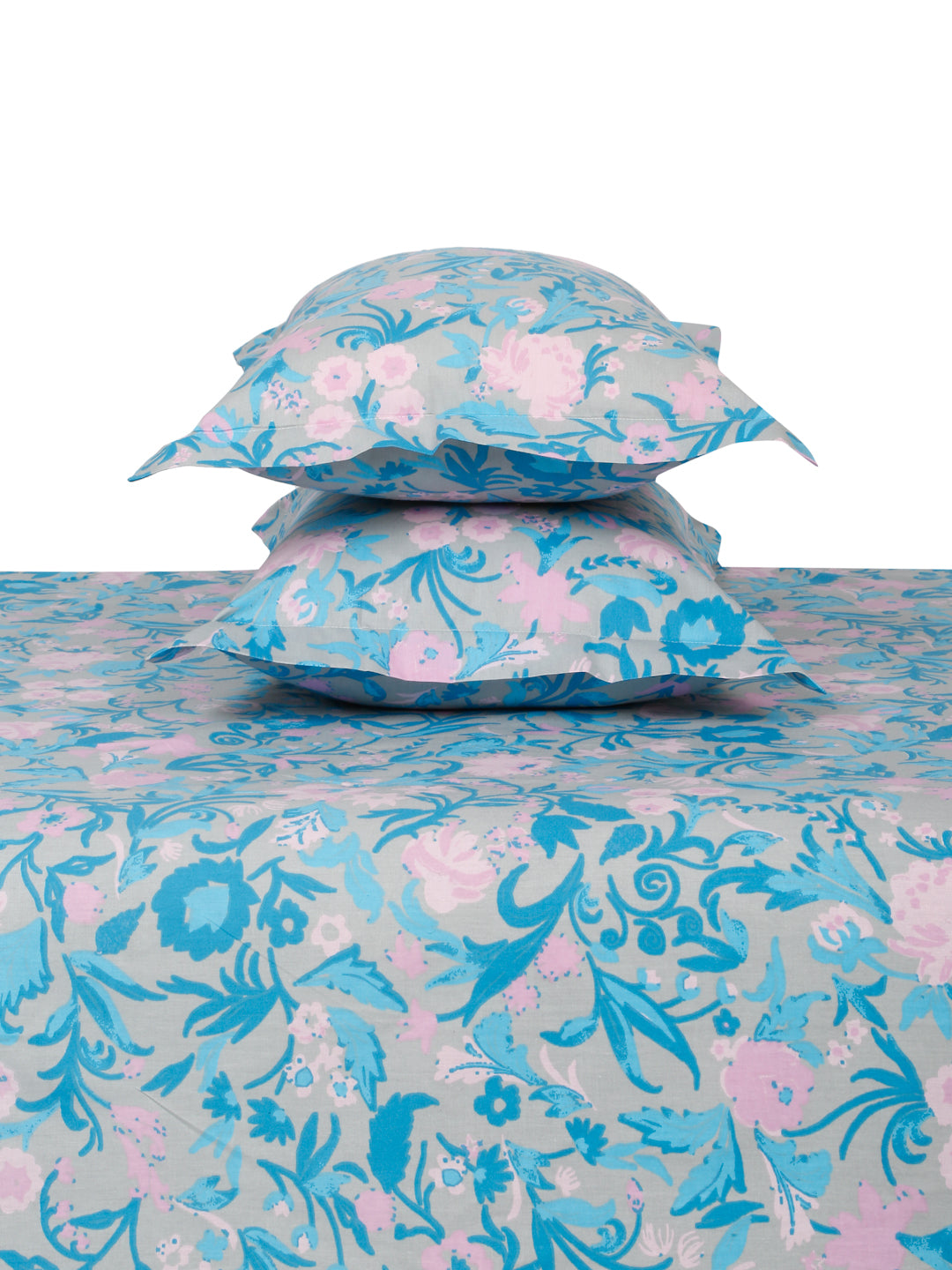 Blue Cotton Bedsheet with Pink Floral Design