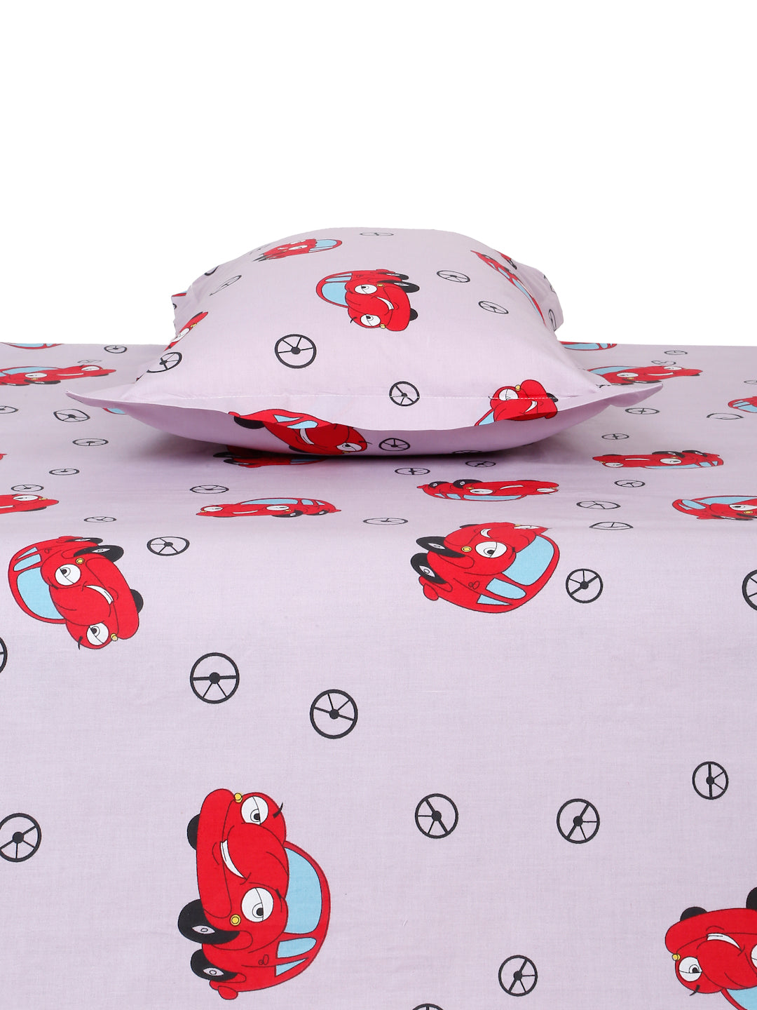 Car Print Kids Bedsheet Set – 100% Cotton, Single Bed, Yellow & Pink