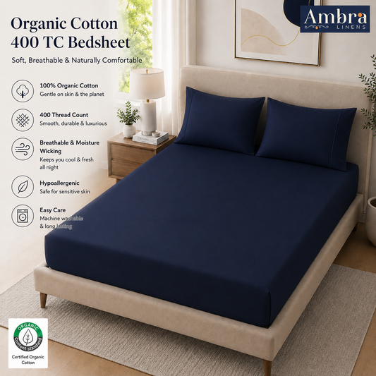 400 Thread Count 100% Organic Cotton Merrow Design Navy – Navy Premium Bedsheet King Size