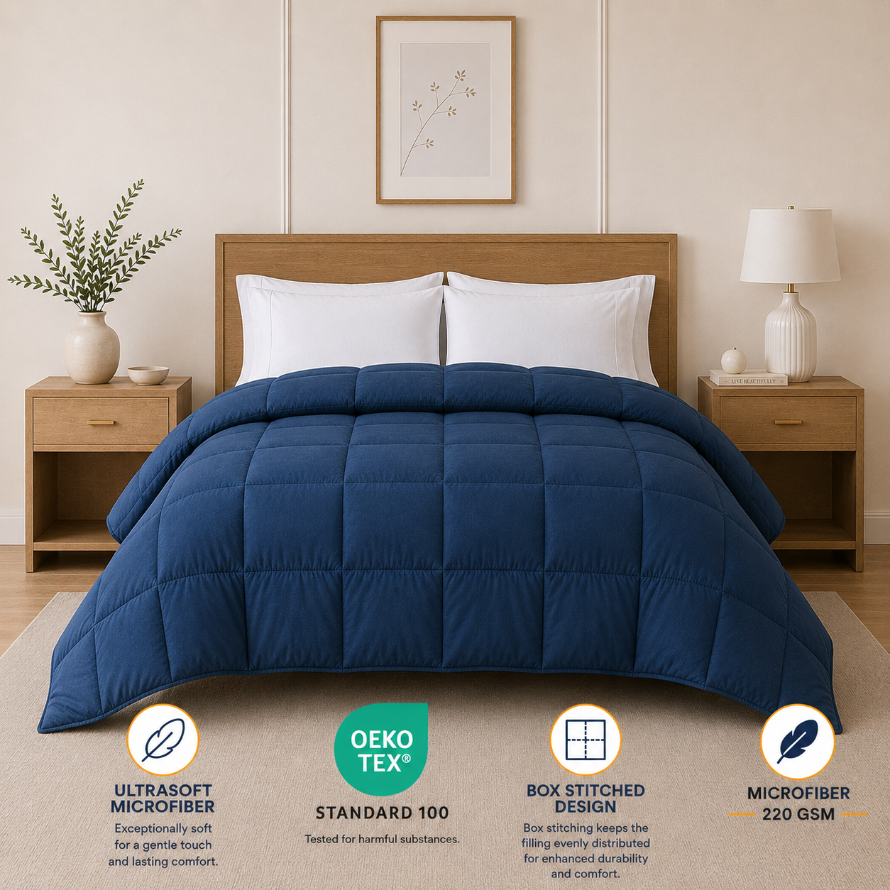 Solid Navy Blue Microfiber Comforter – 220 GSM All-Season AC Comforter & Blanket
