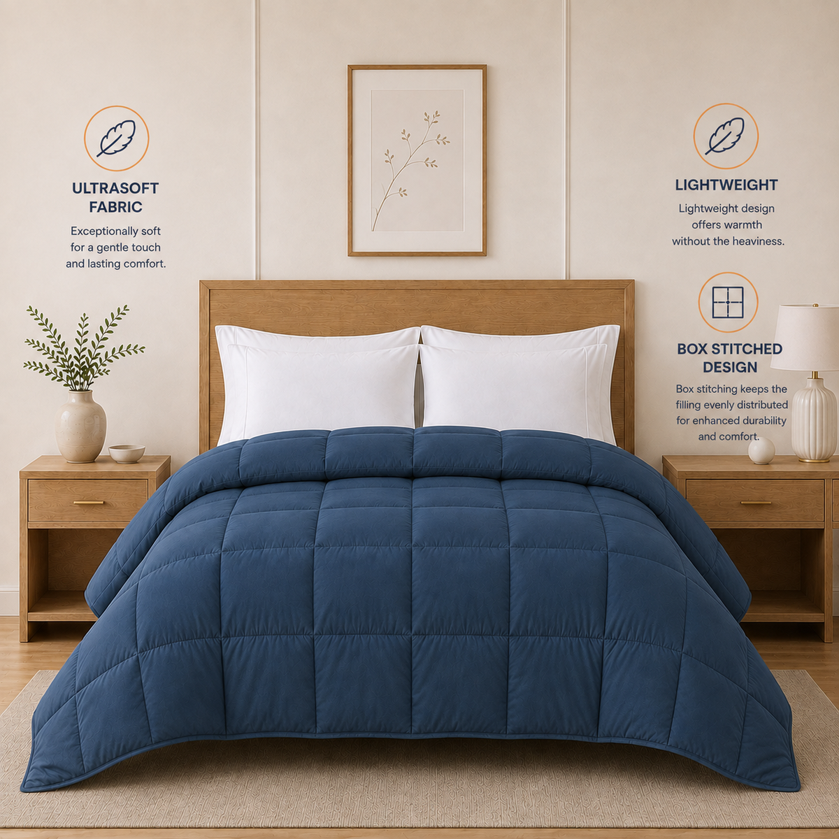 Solid Navy Blue Microfiber Comforter – 220 GSM All-Season AC Comforter & Blanket
