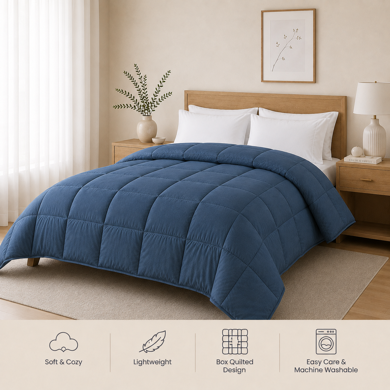 Solid Navy Blue Microfiber Comforter – 220 GSM All-Season AC Comforter & Blanket