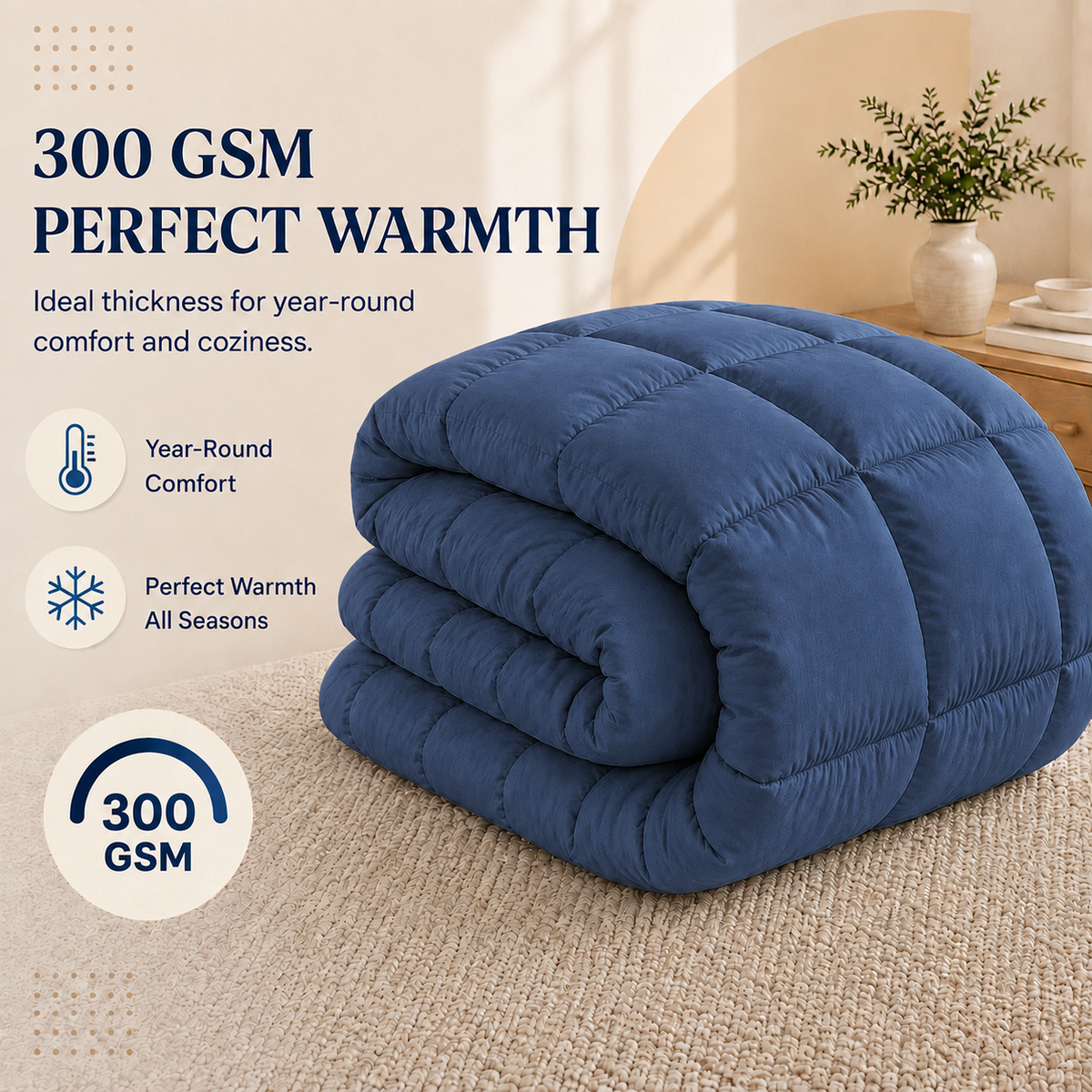 Solid Navy Blue Microfiber Comforter – 300 GSM All-Season AC Comforter & Blanket