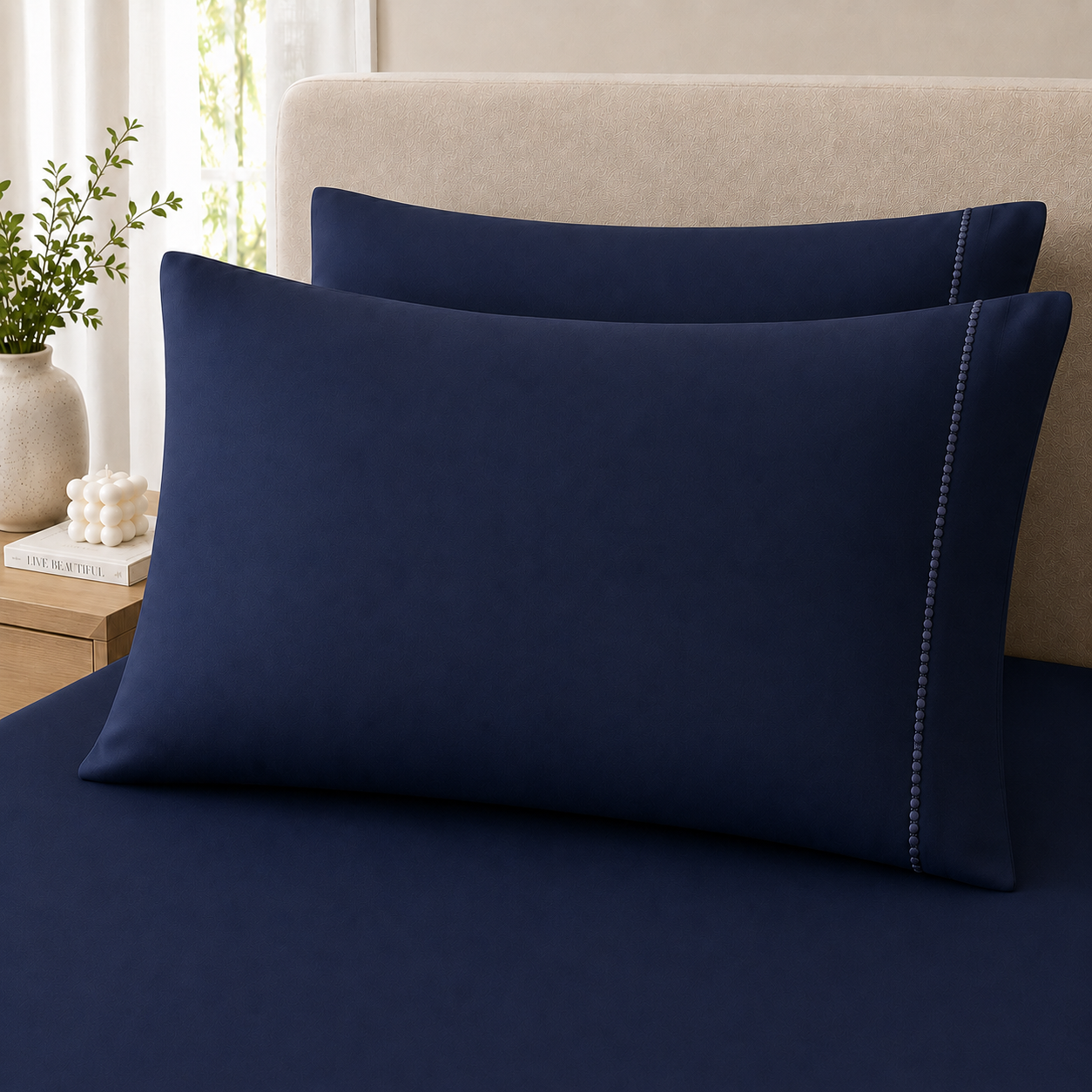 400 Thread Count 100% Organic Cotton Fagoting Style Navy Blue Premium Bedsheet King Size