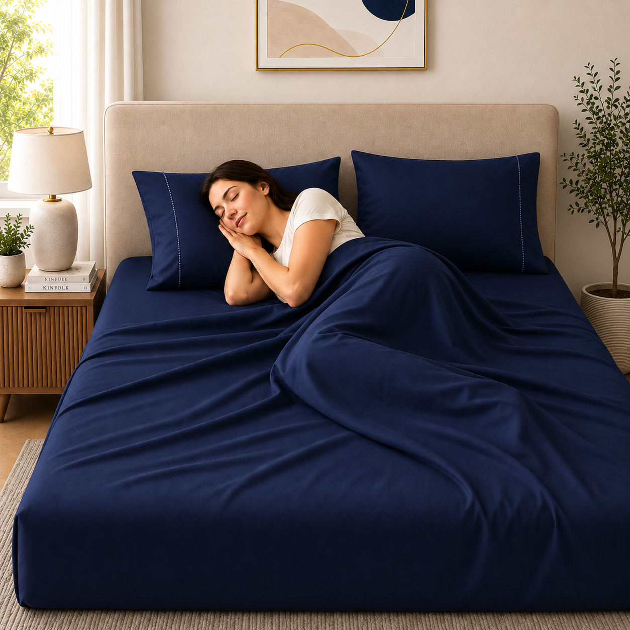 400 Thread Count 100% Organic Cotton Fagoting Style Navy Blue Premium Bedsheet King Size