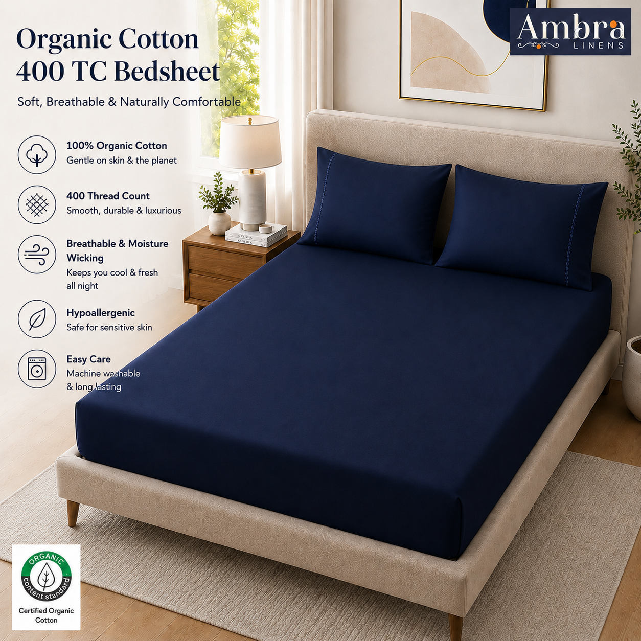 400 Thread Count 100% Organic Cotton Fagoting Style Navy Blue Premium Bedsheet King Size