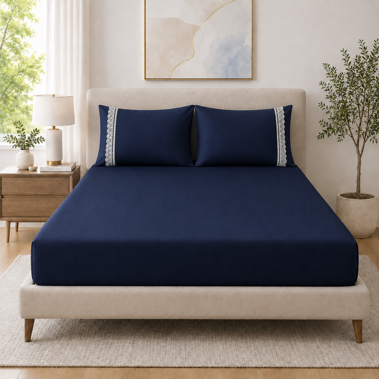 400 Thread Count 100% Organic Cotton Lace Style Navy Blue Premium Bedsheet King Size
