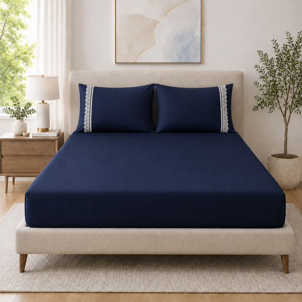 400 Thread Count 100% Organic Cotton Lace Style Navy Blue Premium Bedsheet King Size