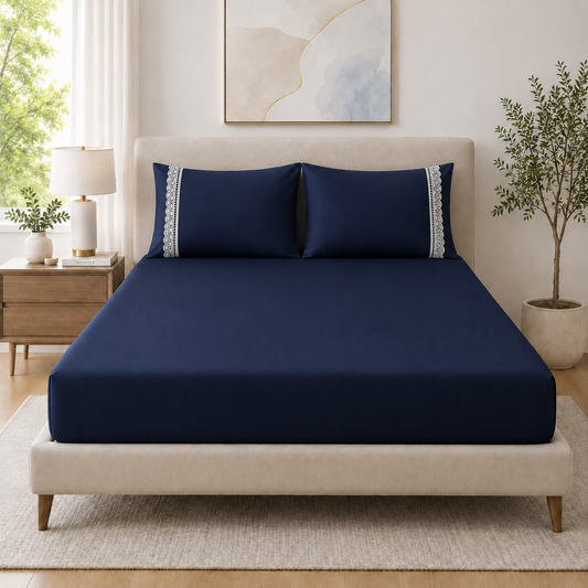 400 Thread Count 100% Organic Cotton Lace Style Navy Blue Premium Bedsheet King Size