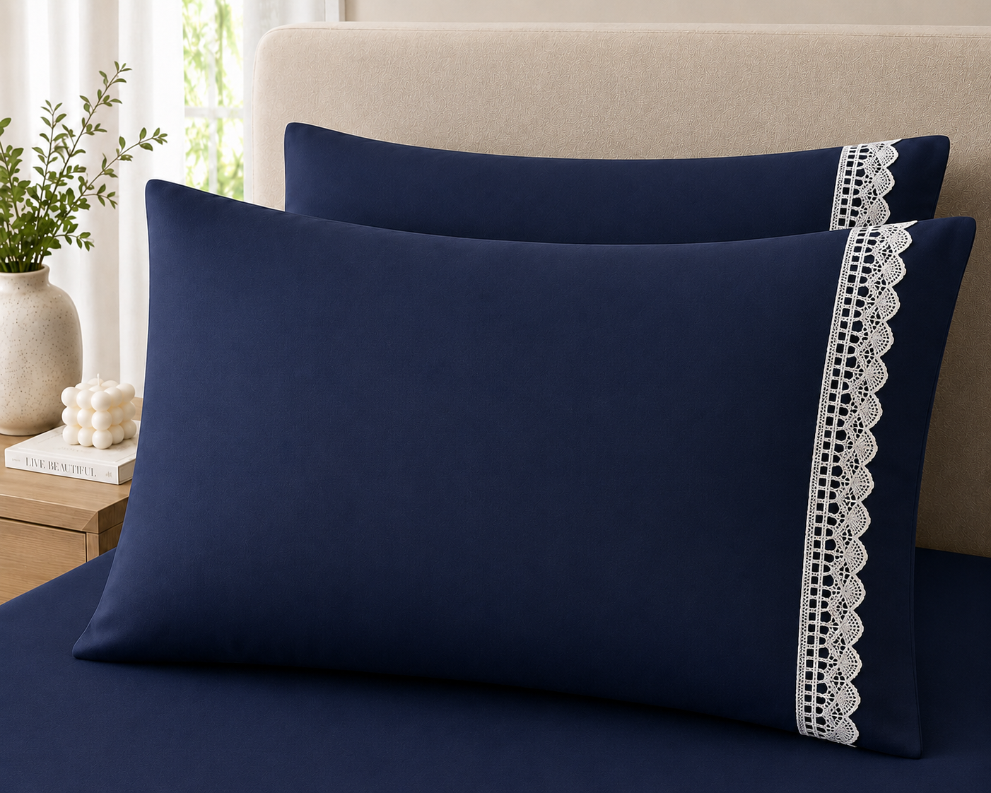 400 Thread Count 100% Organic Cotton Lace Style Navy Blue Premium Bedsheet King Size